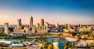 Panoramic,View,Of,Cleveland,,Ohio,Skyline,At,Sunset.,Cleveland,Is